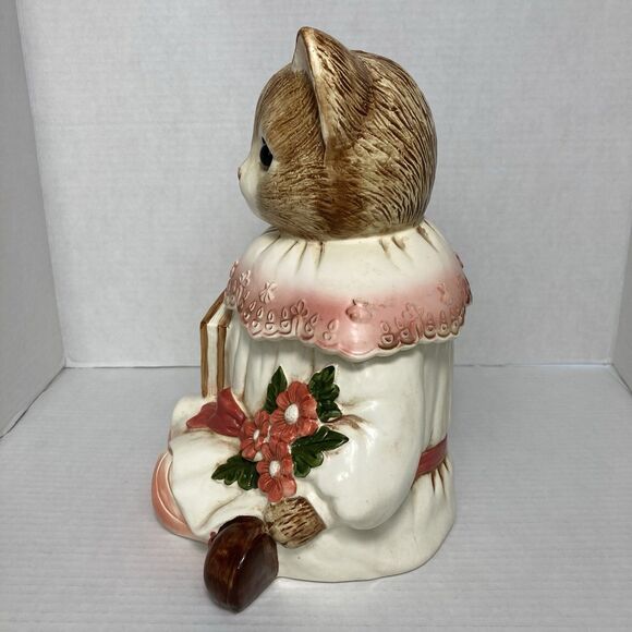 Vintage Ceramic Cookie Jar Kitty Cat in Dress Book Flowers Beautiful Eyes Japan - Picture 5 of 12